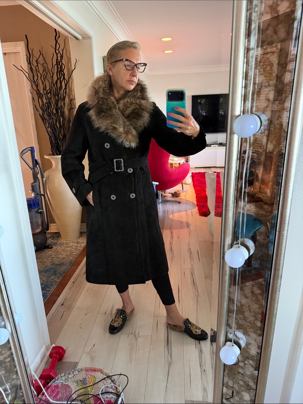 Women's Black Fur-Trim Belted Sheepskin Coat